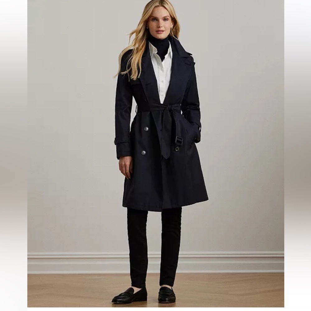 Lauren Ralph Lauren Fine Twill Trench Coat Large L Dbl  Breasted Belted Navy Nwt